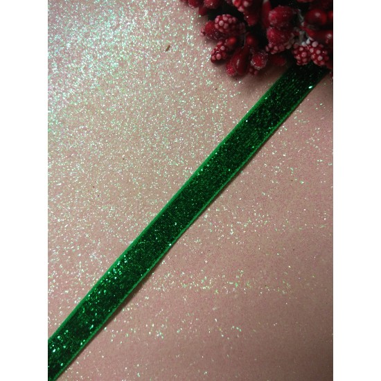 Лента бархатная с люрексом 1см цв. зеленый, цена за 1 м