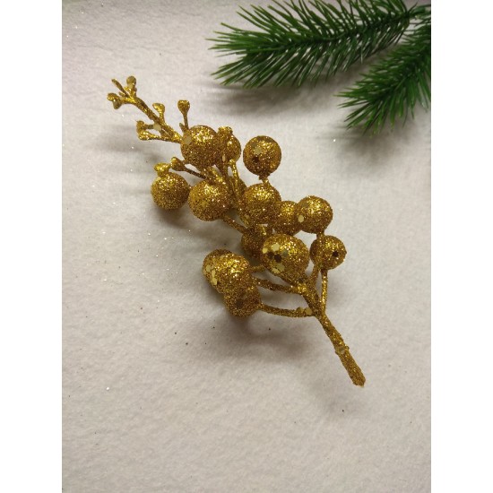 Ягоды на веточке с пайетками, цв. золото, цена за 1 шт