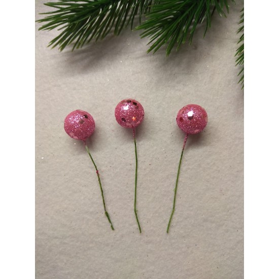 Ягодка на веточке с пайетками 1.5 см, цв. розовый, цена за 10 шт