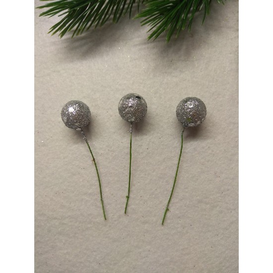 Ягодка на веточке с пайетками 1.5 см, цв. серебро, цена за 10 шт