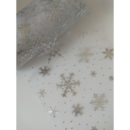 Фатин "Снежинки" 15 см*,  белый/серебро, цена за 1 м