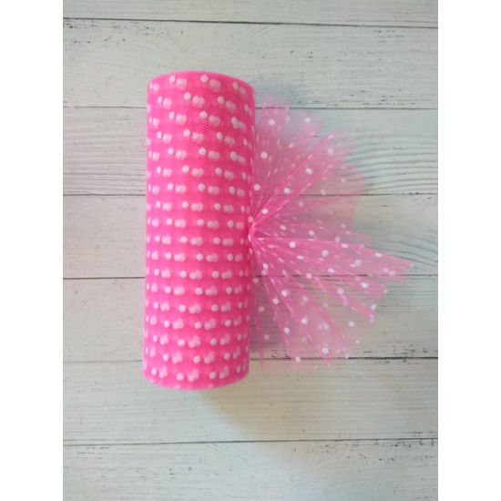 Фатин в горошек 15 см цв. ярко-розовый, цена за 1 м