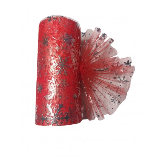 Фатин "Снежинки" 15 см*,  красный, цена за 1 м